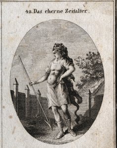 Allegory of the Copper Age repræsenterer som en vagtpost nær et hegn i en stolt holdning våben af ​​et korselet og et spyd og kasket af en løveskind. Indgravering i "" ikonologi eller ideer fra feltet af lidenskaber og allegorier billedligt afbildet fu af Austrian School