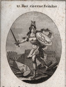 Allegori om jernalderen, der er præget af vold, ond tro og forræderi. Af voldsomt udseende er hun bevæbnet med en hjelm i hovedet på en ulv, holder et sværd og et skjold, hvor bedrageri og last er repræsenteret (sirene og slange med menneskeansigter). E af Austrian School