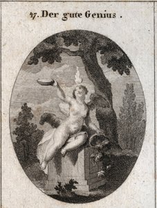 Allegori om den gunstige ånd under figuren af en barnevinge med en lille flamme på hovedet, siddende på et alter i skyggen af et platantræ. Overflodens horn betyder, at det fylder mennesker og hans gunst. Faderen er et symbol på religiøse følelser. E af Austrian School