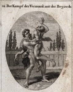 Allegori om kampen om fornuft og appetit. Den jordiske og kødelige appetit er skildret af Ante, og Herkules (Herakles) symboliserer fornuft, styrke og mod, der tager og kvæler Ante. Gravering i "" Iconologie oder Ideen aus dem Gebiete der Le af Austrian School