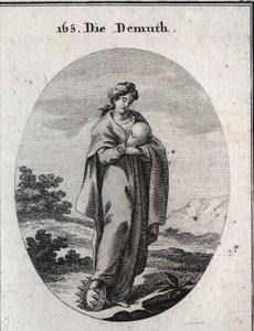 Allegori om ydmygheden. Under hans fod en krone af guld beriget med ædelstene. Hun betragter dedain en bold, der repræsenterer jorden, som hun savner storheden af. Gravering i "" Iconologie oder Ideen aus dem Gebiete der Leidenschaften und Alleg af Austrian School