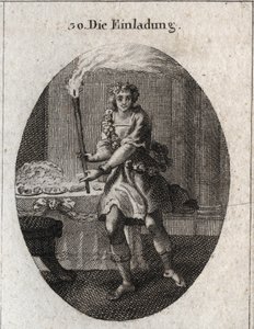 Allegori på invitationen som en ung mand med et grinende ansigt, der inviterer til et bord dækket med tallerkener. Faklen, han holder, er Comus egenskab, gud for fester og natfester. Gravering i "" Iconologie oder Ideen aus dem Gebiete der Leidenschaften af Austrian School