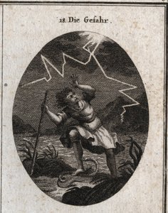 Allegori om faren repræsenteret af en ung mand, der flygter fra en hurtig strøm ved at sætte foden på en slange, der stikker ham, og samtidig slog en torden bag ham. Gravering i "" Iconologie oder Ideen aus dem Gebiete der Leidenschaften und Allego af Austrian School