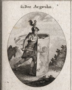 Allegori af mistanken skærer bag et skjold, hvorpå der står en løve, symbol på mistanken ifølge Aristoteles, og en hane på hjelmen, der repræsenterer årvågenhed. Gravering i "" Iconologie oder Ideen aus dem Gebiete der Leidenschaften und Alleg af Austrian School