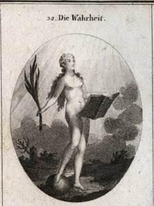 Allegori af sandheden repræsenteret nøgen uden kunstfærdighed og naturlige blik på solens lys. Håndfladen symboliserer svindelens triumf, og bogen repræsenterer studiet. Gravering i "" Iconologie oder Ideen aus dem Gebiete der Leidenschaften und Allegor af Austrian School