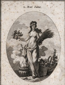 Årets allegori omgivet af symboler fra de fire årstider (blomsterkrans til foråret, hvedekrans til sommeren, grundkurven til efteråret og ildvasen til vinteren). Året er halvt disdressed med henvisning til graderne af varme og kulde med af Austrian School