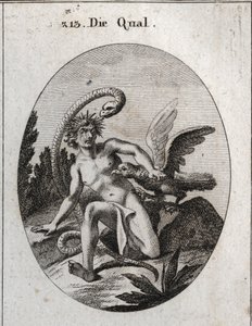 Allegori om pine. Hendes hoved omgivet af torne betyder plager i sindet. Slangen siger, at frygten for faren gør den mere formidabel. En grib æder hans hjerte. Gravering i "" Iconologie oder Ideen aus dem Gebiete der Leidenschaften und Allego af Austrian School