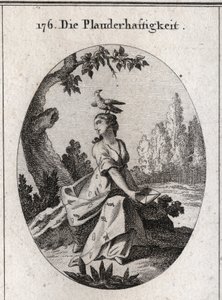 Babylon allegori. Dens draperi er fyldt med cikader og tunger. Hans egenskab er kragen. Indgravering i "" ikonologi eller ideer fra feltet af lidenskaber og allegorier afbildet for tegnere, malere, digtere, lærde, undervisere og freelancere af Austrian School