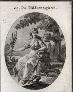 Clemence allegori. Hun er repræsenteret med et spyd og en olivengren for at indikere, at hun har magten til at straffe, men også til at tilgive. Løven er generosits egenskab. Gravering i "" Iconologie oder Ideen aus dem Gebiete der Leidenschaften un af Austrian School