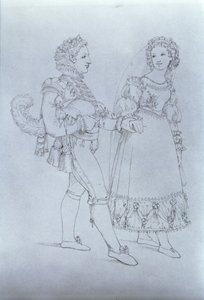 Kostumeforslag til Figaro og Susanna fra operaen "Figaros bryllup" af Wolfgang Amadeus Mozart (1756-91) (stik) af Austrian School