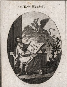 Kredit allegori med en bog med inskriptionen "" Solutus omni foenore"" (Fri for en sejr af alle). I baggrunden et griffon symbol på bevaring og bevarelse af tresorerne. Gravering i "" Iconologie oder Ideen aus dem Gebiete der Leiden af Austrian School