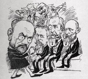 Emile Zola forsøger at låse låsene op, der lukker munden på præsidenterne Jean Casimir-Perier (1847-1907) og Felix Faure (1841-1899) samt formanden for rådet Jules Meline (1838-1925), mens han i baggrunden, Henri Rochefort (1831-1913) fortalte Com af Austrian School