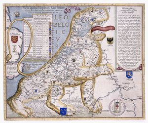 Leo Belgicus, der viser de lave lande i form af en løve, 1586