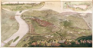 Kort, der illustrerer fangen af Buda, 1686 (farvegravering)
