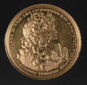 Medaljon med portrætter af de hellige romerske kejsere Leopold I (1640-1705) og Joseph I (1678-1711) af Philipp Heinrich, 1692 (guld)
