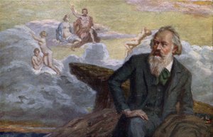 Postkort forestillende Johannes Brahms (1833-97), der komponerer sin 1. symfoni op. 68, ca. 1900 af Austrian School