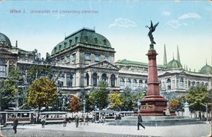 Postkort, der forestiller Wiens universitet og Liebenberg-monumentet, ca. 1915 af Austrian School