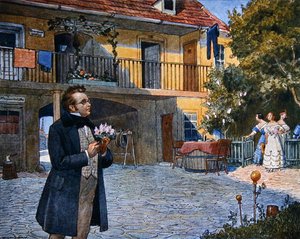 Partitur Omslag til "Das Dreimaederlhaus" ("De tre pigers hus") med Schubert foran huset, ca. 1916 (farvelitografi) af Austrian School