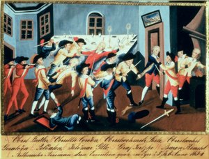 Anholdelsen af Albrecht von Wallenstein (1583-1634) i Eger af en styrke af irske og skotske officerer under kommando af general Butler af Austrian School