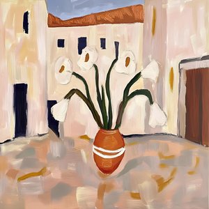 Terrakottapotte med hvide blomster af Avanesova Elena