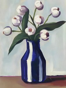 Hvide blomster i blå vase af Avanesova Elena