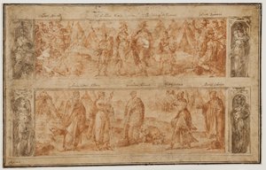 To friser, den ene over den anden, med scener fra Roms tidlige historie af Avanzino Nucci