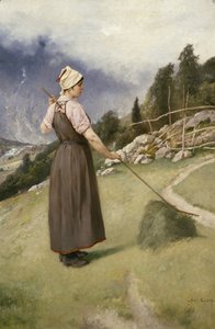 Pige, der river hø (olie på lærred)