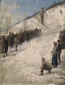 Skistævne i Fjelkenbakken, Asker (olie på lærred)