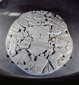Udskæring af sønderdelingen af månegudinden Coyolxauhqui, fundet ved foden af tvillingepyramiden i Tenochtitlan, sen efter klassisk periode (1300-1521) (se også 97326)