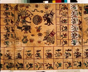 Repræsentation af aztekiske guder og kasser, der svarer til kalenderen. Side af aztekisk manuskript på bark "Codex Borbonicus", prækolombiansk indfødt kodeks fra det centrale Mexico, slutningen af det 15. århundrede. Biblioteket i Nationalforsamlingen (Pal af Aztec