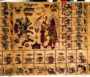 Repræsentation af aztekiske guder og kasser svarende til kalenderen. Side af det aztekiske manuskript på bark "Codex Borbonicus"", præcolombiansk indfødt codex i det centrale Mexico, slutningen af det 15. århundrede. Nationalforsamlingens bibliotek (Palais af Aztec
