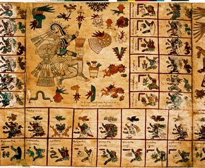 Repræsentation af aztekiske guder og kasser svarende til kalenderen. Side af det aztekiske manuskript på bark "Codex Borbonicus"", præcolombiansk indfødt codex i det centrale Mexico, slutningen af det 15. århundrede. Nationalforsamlingens bibliotek (Palais af Aztec