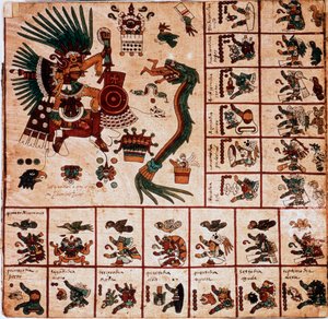 Repræsentation af Quetzalcoatl og Tezcatlipoca, aztekiske guder og kasser svarende til kalenderen. Side af det aztekiske manuskript på bark "Codex Borbonicus"", præcolombiansk indfødt codex i det centrale Mexico, slutningen af det 15. århundrede. Bibliotek