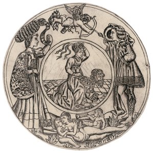 Aristoteles og Phyllis, omgivet af en ung mand og kvinde med Eros, og tilbagelænet nøgen kvinde med to børn, anden halvdel af det 15. århundrede