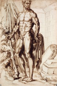 Hercules vendte sig mod venstre, lænede sig op ad sin kølle, med gardiner, ved ruinerne af et tempel, af Baccio Bandinelli