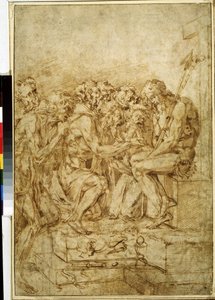 ""Kristus med symboler af lidenskaben omgivet af syv figurer"" (Kristus med symboler af lidenskaber overværet af syv figurer) Tegning med brunt blæk af Baccio Bandinelli (1493-1560) 16. århundrede Pushkin Museum Moskva af Baccio Bandinelli