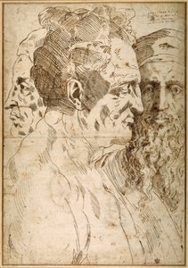 Tre mandlige hoveder sidestillet (pen & brunt blæk og sort kridt på papir) af Baccio Bandinelli