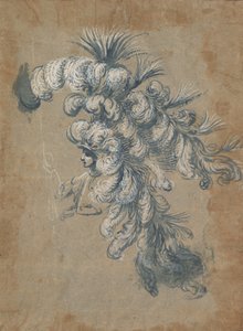 Design til en overdådig hovedbeklædning med fjer, ca. 1620-56.