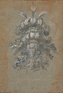 Design til en overdådig hovedbeklædning med fjer på en hjelm set forfra, ca. 1620-56.