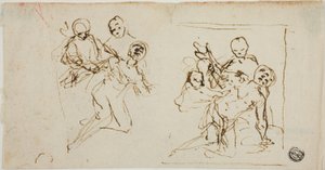 To kompositionsskitser af en sammenfaldende figur støttet af to andre figurer (recto); kompositionsskitse af en knælende figur ledsaget af to andre figurer af Baldassare Franceschini