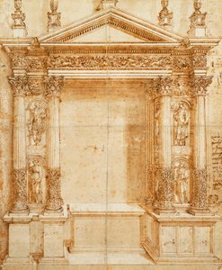 Design til et alter med et pedimenteret tabernakel understøttet på parrede korintiske statuer af Saint Lucy, Saint Agnes, Saint Ansanus og Saint Stephen i nicher mellem disse