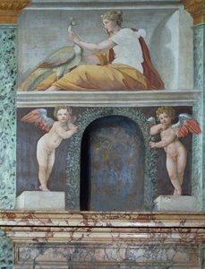 Sala delle Prospettive Hall of Perspective detalje af trompe loeil niche, der forestiller gudinden Juno med en påfugl, fresko fra 1518-19