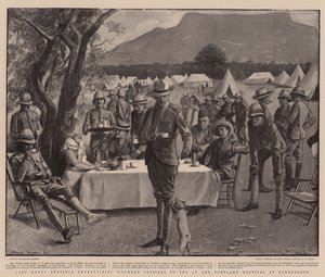Lady Henry Bentinck underholder sårede officerer med te på Portland Hospital i Rondebosch (litografi)