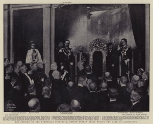 Åbningen af den norske stænderforsamling, prins Gustav Adolf aflægger troskabsed (litografi)
