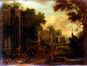 Skovklædt landskab med rejsende hvilende ved klassiske ruiner (en af et par) af Balthasar (circle of) Beschey
