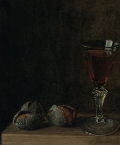 Et glas vin med valnødder på et bord af Balthasar Denner