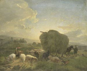 Landskab med får og en høvogn