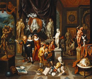 Et elegant par, der besøger et skulpturgalleri, med en kunstner, der skitserer og en billedhugger på arbejde bagved, af Balthasar van den Bossche