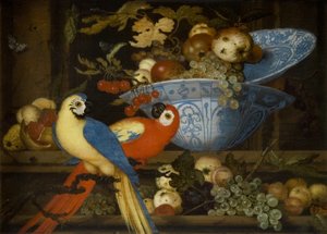 Frugtstilleben med to papegøjer af Balthasar van der Ast