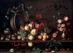 Stilleben med frugter, blomster og papegøjer, 1620